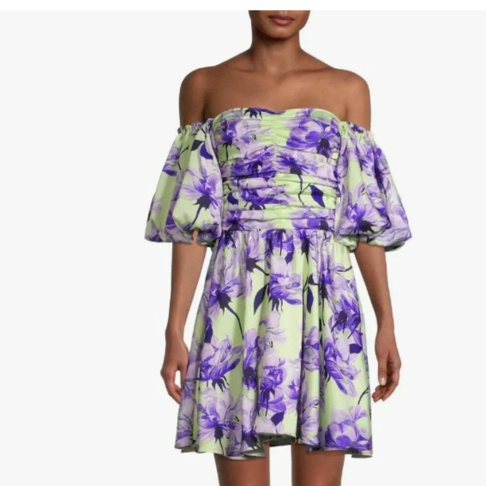 DELFI Purple Yellow Floral Puff Sleeve Sweetheart Mini Dress M Coquette Girl - Picture 2 of 11